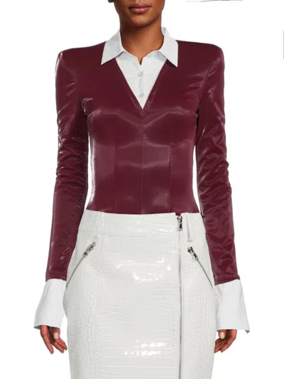Laquan Smith Women's Contrast-collar Open-back Bodysuit In Burgundy