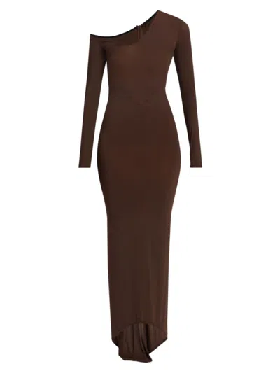 Laquan Smith Convertible-neck Long-sleeve Drop-waist Gown In Chocolate