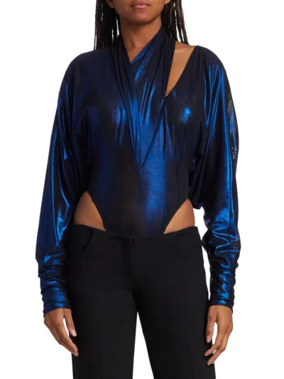 Laquan Smith Iridescent Cut-out Bodysuit In Royal