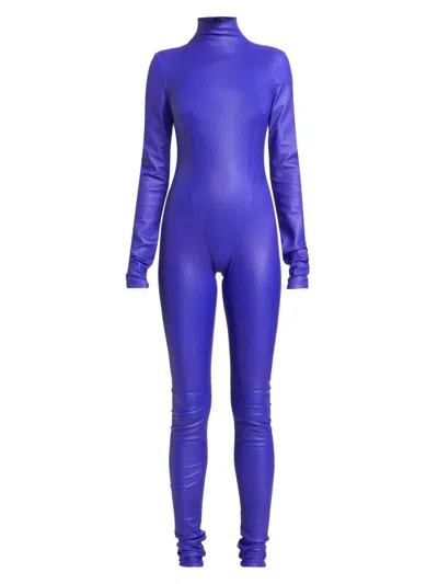 Laquan Smith Women's Leather Mock Turtleneck Catsuit In Blue