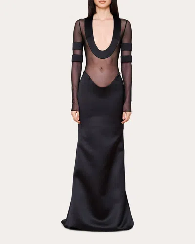Laquan Smith Women's Mesh-panel Satin Gown In Black