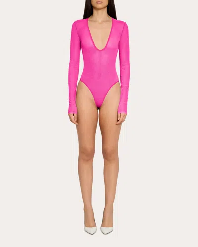 Laquan Smith Women's Mesh V-neck Bodysuit In Pink