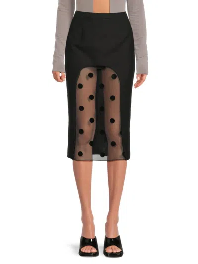 Laquan Smith Women's Polka Dot Sheer-inset Wool Pencil Skirt In Black