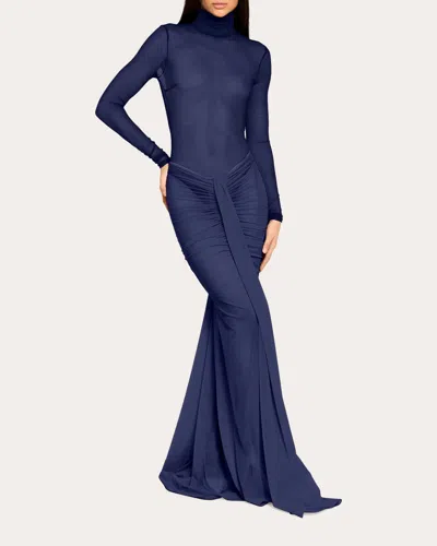 Laquan Smith Women's Ruched Draped Mesh Maxi Skirt In Blue
