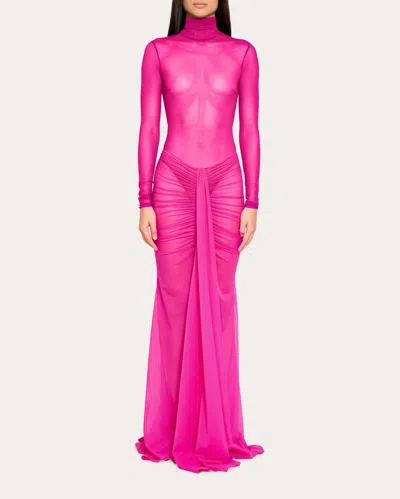 Laquan Smith Women's Ruched Draped Mesh Maxi Skirt In Fuchsia