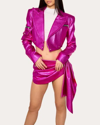 Laquan Smith Women's Ruched Draped Metallic Leather Mini Skirt In Purple