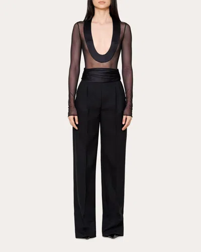 Laquan Smith Women's Satin-trim Mesh Bodysuit In Black