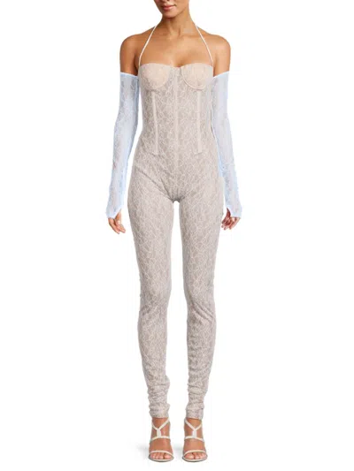 Laquan Smith Women's Sheer Lace Halterneck Catsuit In Baby Blue