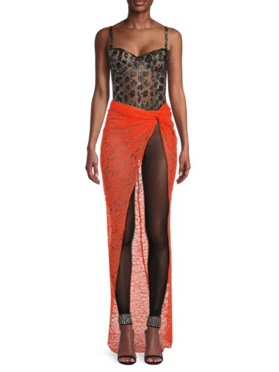 Laquan Smith Women's Sheer Lace Wrap Maxi Skirt In Orange