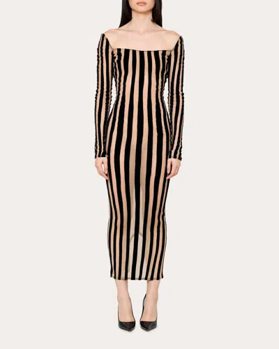 Laquan Smith Women's Striped Mesh-panel Midi Dress In Nude/black