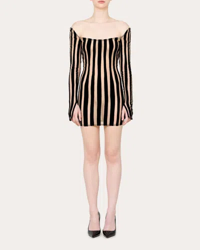 Laquan Smith Women's Striped Mesh-panel Mini Dress In Nude/black