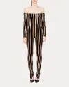 Laquan Smith Women's Striped Off-shoulder Mesh-panel Catsuit In Nude/black