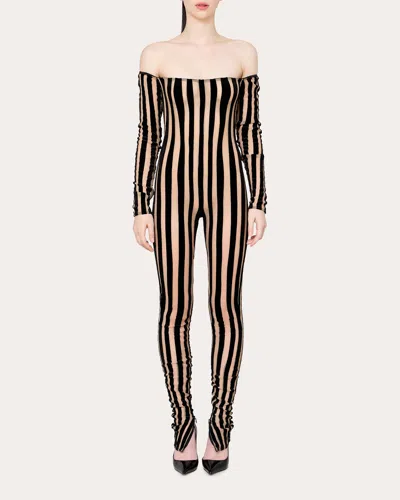Laquan Smith Women's Striped Off-shoulder Mesh-panel Catsuit In Nude/black