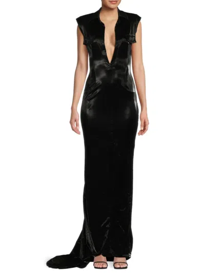 Laquan Smith Women's Structured Velvet Cap-sleeve Gown In Black