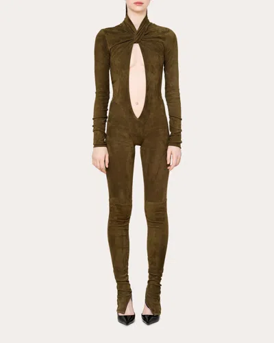 Laquan Smith Women's Twist-front Faux Suede Cutout Jumpsuit In Green