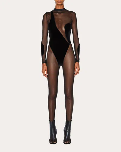 Laquan Smith Women's Velvet-panel Mesh Cutout Catsuit In Black