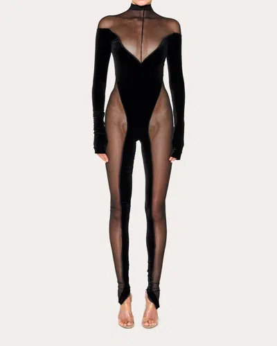 Laquan Smith Women's Velvet-panel Off-shoulder Mesh Catsuit In Black