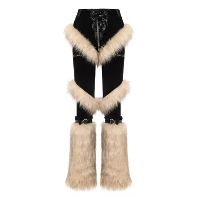 Lara Ari Women's Black Furry Faux Fur & Suede Trousers In Neutral