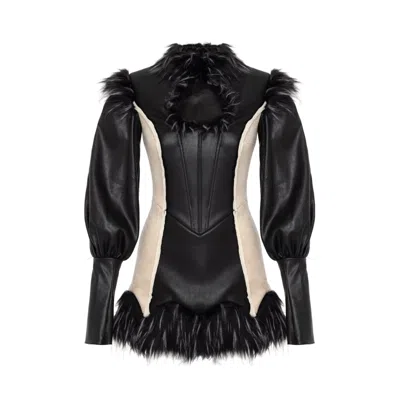 Lara Ari Women's Leather & Faux Fur Detailed Mini Dress - Black & Beige