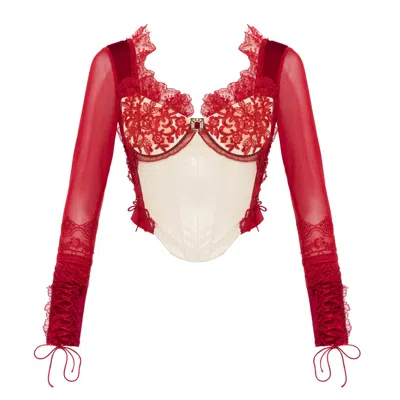 Lara Ari Women's Magda Red Lace Corset – Leather & Velvet Long-sleeve Bustier