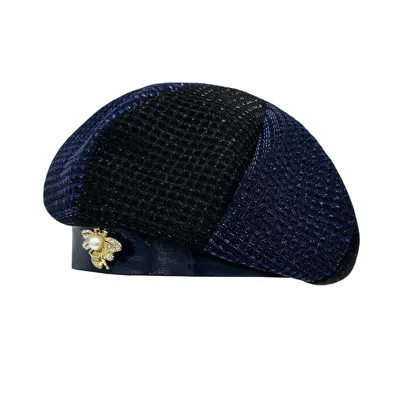 Lara Ari Women's Navy & Black Sparkle Panel Beret With Bee Detail