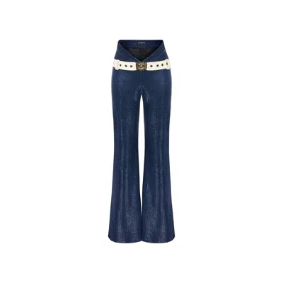 Lara Ari Women's Navy Blue Flared Trousers With Ivory Belt Detail