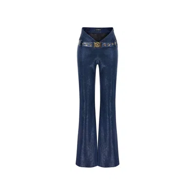 Lara Ari Women's Navy Blue Flared Trousers With Navy Belt Detail