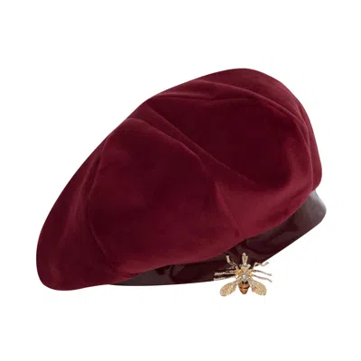 Lara Ari Women's Amélie Velvet & Lacquered Fabric Beret With Bee Brooch In Red