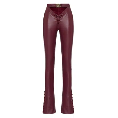 Lara Ari Women's Red Burgundy High-waisted Lace-up Leather Pants With Belt Detail