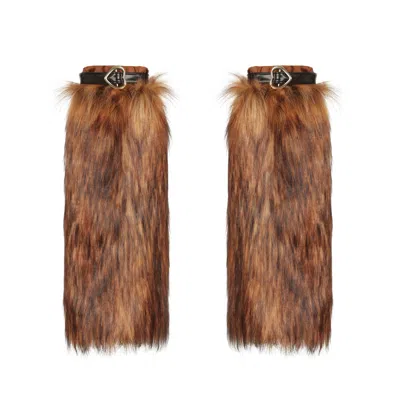 Lara Ari Women's Rich Brown Fur Leg Warmers With Heart Buckle Detail