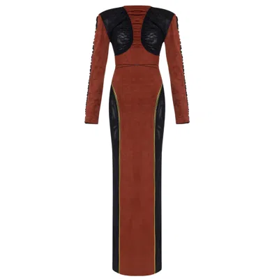 Lara Ari Women's Suede & Sheer Panel Maxi Dress - Black & Terracotta