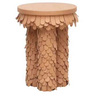 Pre-owned Lara Bohinc Round Textured Organic Tan Leather And Wood Side Table In Brown