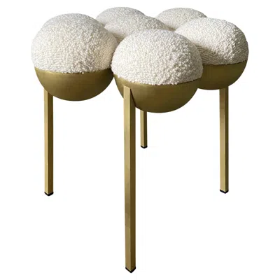 Pre-owned Lara Bohinc Saturn Pouffe, Ottoman, Brass Frame, Cream Boucle, Modern, Sculptural In White