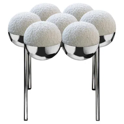 Pre-owned Lara Bohinc Saturn Pouffe Small, Ottoman, Modern, Sculptural, Chrome Frame And Ivory Boucle In White