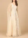 Lara Dresses 28965 Long Beaded Formal Cape Sleeve Dress In Gold