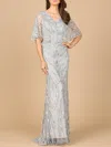 Lara Dresses 28966 Long Formal Beaded Lace Cape Dress In Gold