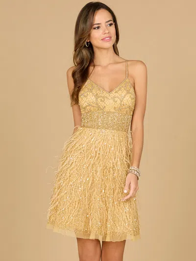 Lara Dresses 29016 Short Beaded Feather A Line Cocktail Dress In Gold