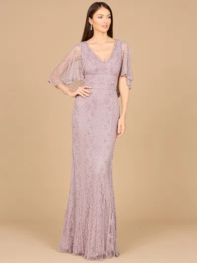 Lara Dresses 29023 Long Beaded Mermaid Cape Sleeve Evening Dress In Purple
