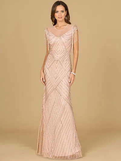 Lara Dresses 29053 Long Formal Beaded Fringe Evening Dress In Pink