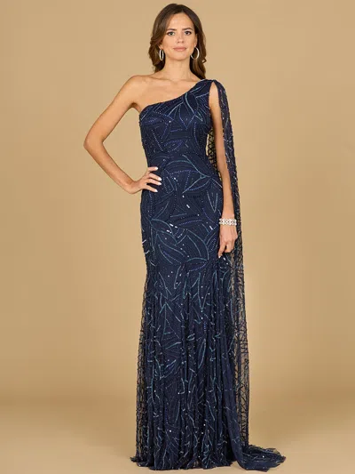 Lara Dresses 29097 Long Mermaid Formal Beded Cape Sleeve Evening Dress In Blue