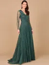 Lara Dresses 29116 Long Sleeve Formal A Line Beaded Evening Dress In Green