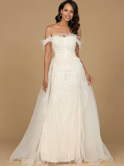 Lara Dresses 29161 Beaded Feather Long Fitted Overskirt Wedding Dress In White