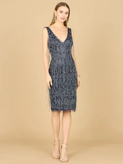 Lara Dresses 29216 Short Fitted Beaded Fringe Cocktail Dress In Blue