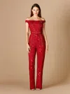 Lara Dresses 29323 Off Shoulder Beaded Jumpsuit In Red