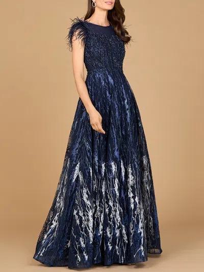 Lara Dresses 29475 Long Ball Gown Formal Lace Feather Evening Dress In Blue