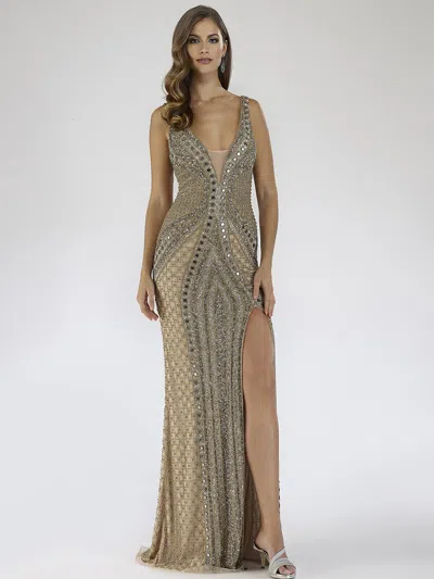 Lara Dresses 29499 Beaded High Slit Long Fitted Prom Formal Dress In Brown