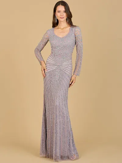 Lara Dresses 29602 Long Sleeve Beaded Evening Gown In Purple