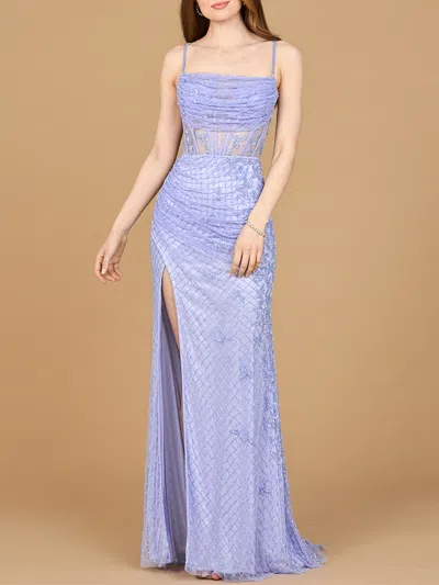 Lara Dresses 9923 Long Formal Slit Beaded Prom Dress In Blue