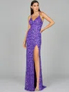 Lara Dresses 9950 Prom Fitted Slit Formal Beaded Evening Dress In Purple