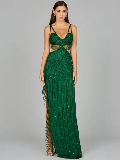 Lara Dresses 9957 Beaded Fringe Formal Long Prom Dress In Green